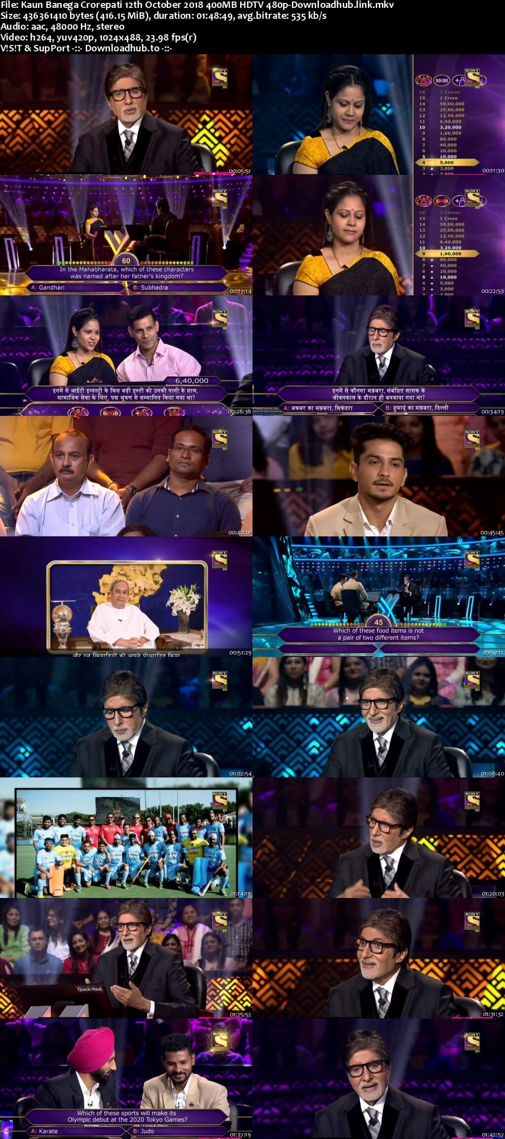 Kaun Banega Crorepati 12th October 2018 400MB HDTV 480p