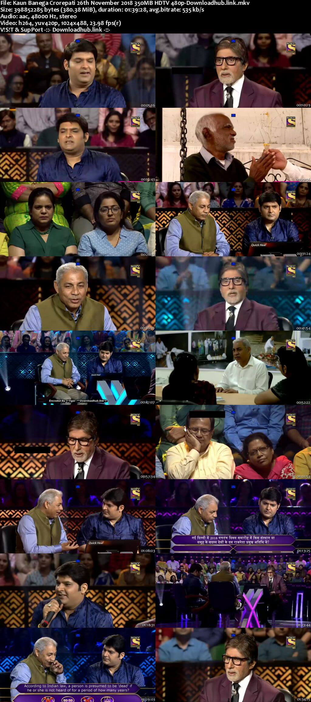 Kaun Banega Crorepati 26th November 2018 350MB HDTV 480p