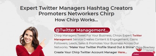 Twitter Management. Gain Twitter Exposure, Traffic Leads & Sales
https://www.chirp.directory/
Chirp Twitter Management Helps Business Gain Twitter Exposure, Traffic Leads & Sales. Expert Twitter Management from Chirp Networking Business for 8 Years 100,000 + Twitter Followers 
Twitter Management