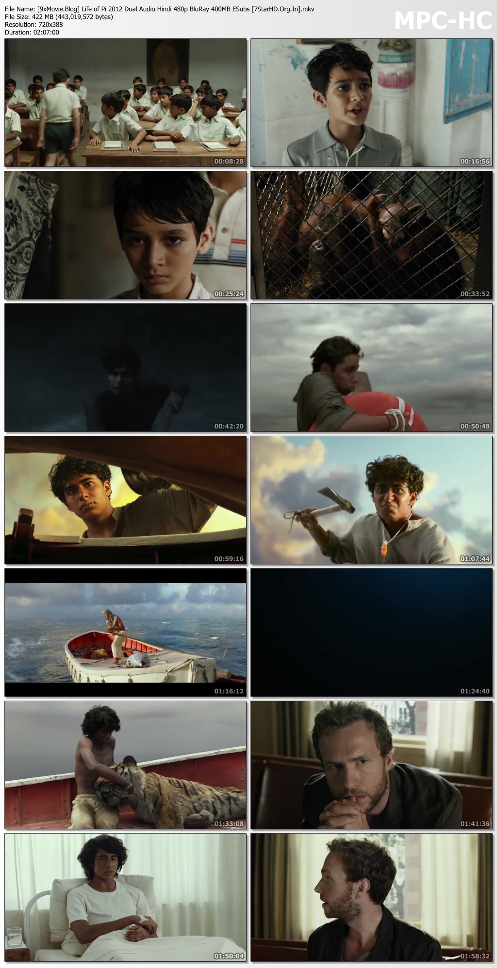 Life of Pi 2012 Dual Audio Hindi 480p BluRay x264 400MB ESubs