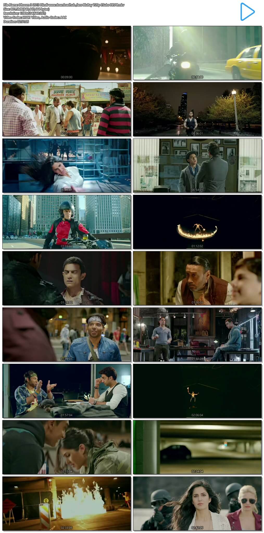 Dhoom 3 2013 Hindi 800MB BluRay 720p ESubs HEVC